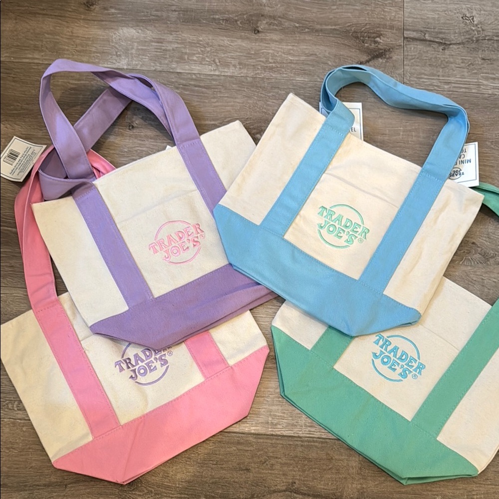 Traders Joes- Canvas Tote Bag Set - Pink, Purple, Blue, Green